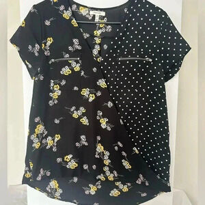 Maurice’s zipper pocket, mixed print, wrap front blouse.  Floral and polka dot.